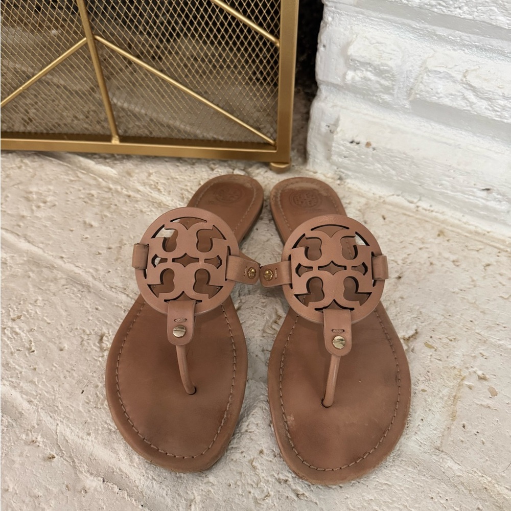 Tory Burch Tan Sandals with Iconic Logo and Flat Sole